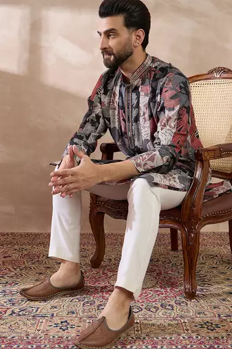 Men black silk blend printed mandarin collar straight kurta