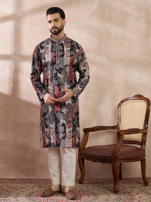 Men black silk blend printed mandarin collar straight kurta 3