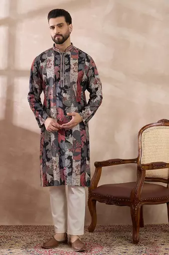 Men black silk blend printed mandarin collar straight kurta