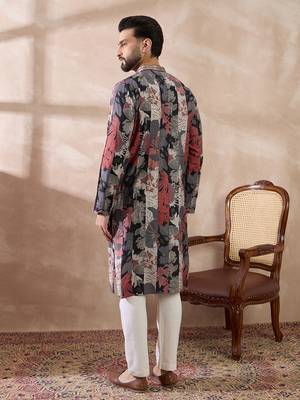 Men black silk blend printed mandarin collar straight kurta 4
