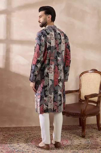 Men black silk blend printed mandarin collar straight kurta