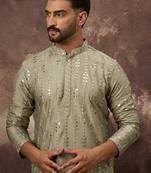 Men green silk blend solid embroidered straight kurta