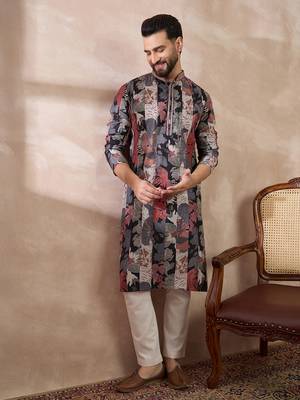 Men black silk blend printed mandarin collar straight kurta 5