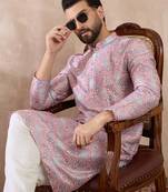 Men lavender silk blend printed mandarin collar straight kurta