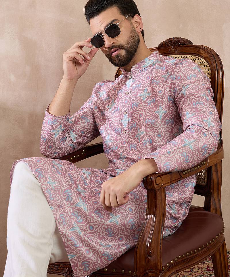 Men lavender silk blend printed mandarin collar straight kurta
