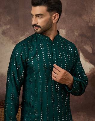 Men teal silk blend solid embroidered straight kurta 2