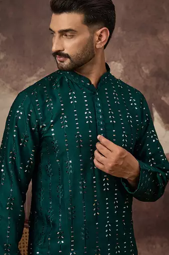 Men teal silk blend solid embroidered straight kurta