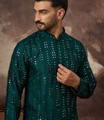 Men teal silk blend solid embroidered straight kurta