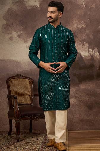 Men teal silk blend solid embroidered straight kurta