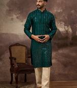 Men teal silk blend solid embroidered straight kurta