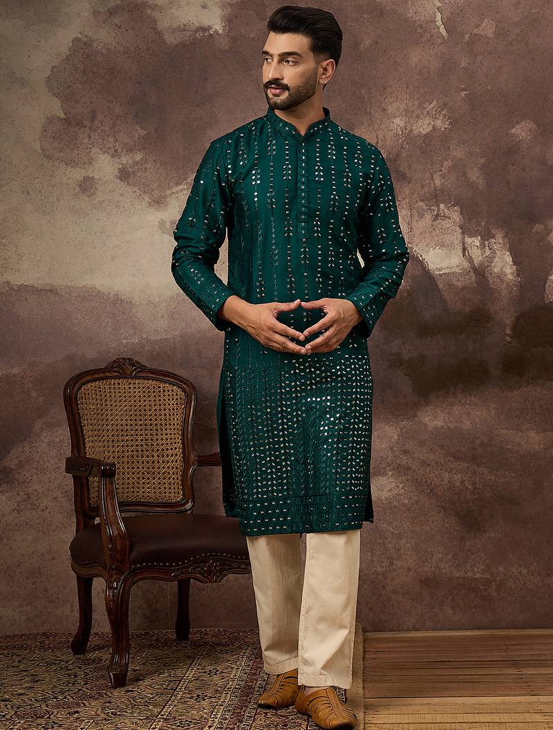 Men teal silk blend solid embroidered straight kurta