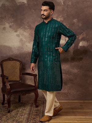 Men teal silk blend solid embroidered straight kurta 3