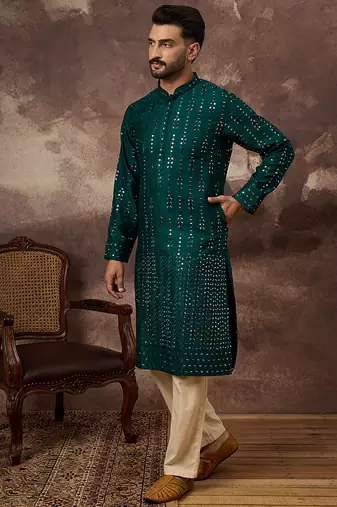Men teal silk blend solid embroidered straight kurta