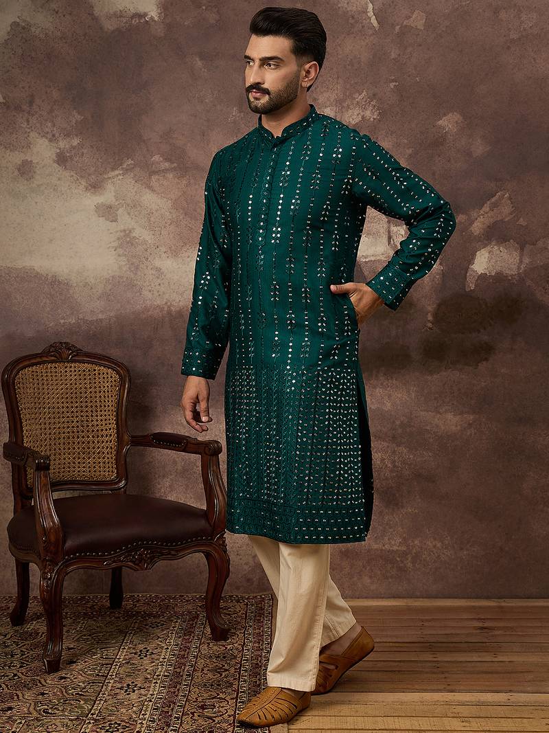 Men teal silk blend solid embroidered straight kurta