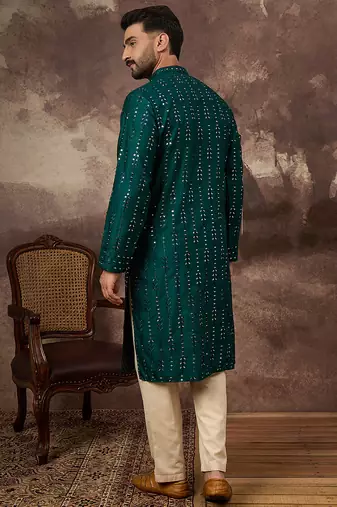 Men teal silk blend solid embroidered straight kurta