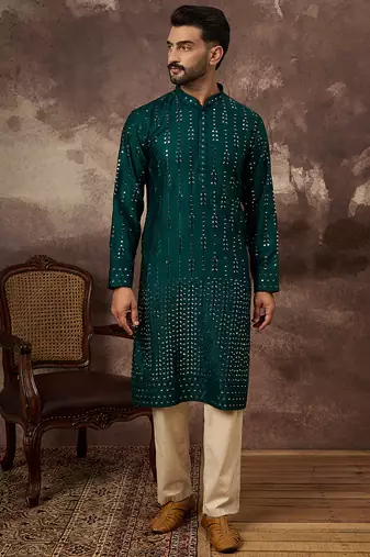 Men teal silk blend solid embroidered straight kurta