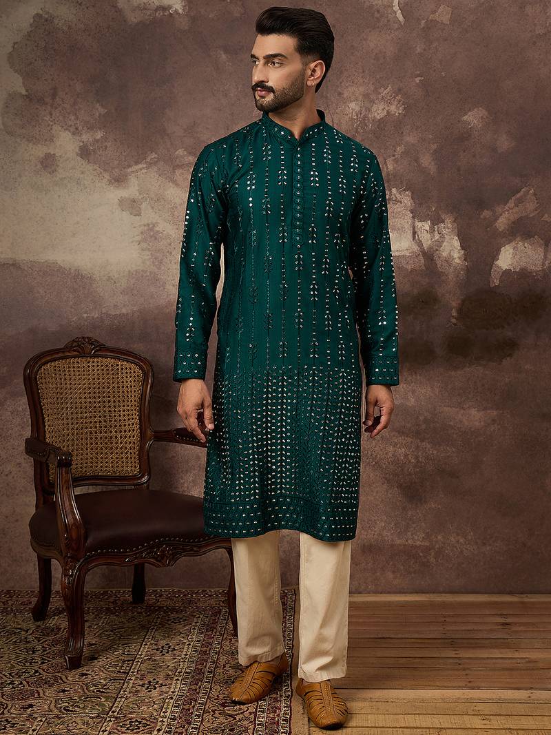 Men teal silk blend solid embroidered straight kurta