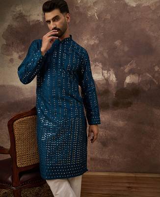 Men blue silk blend solid embroidered straight kurta 1
