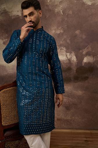 Men blue silk blend solid embroidered straight kurta
