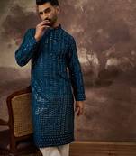 Men blue silk blend solid embroidered straight kurta