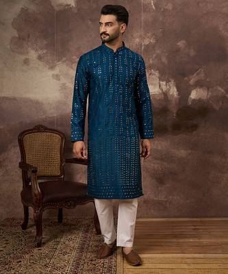 Men blue silk blend solid embroidered straight kurta 2
