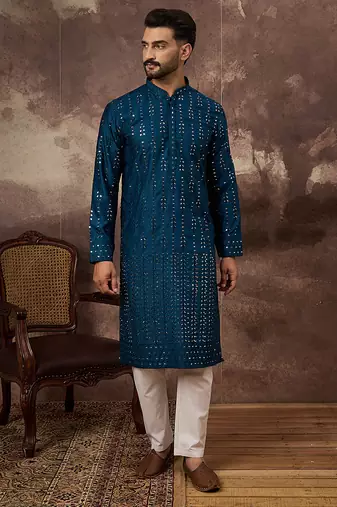 Men blue silk blend solid embroidered straight kurta