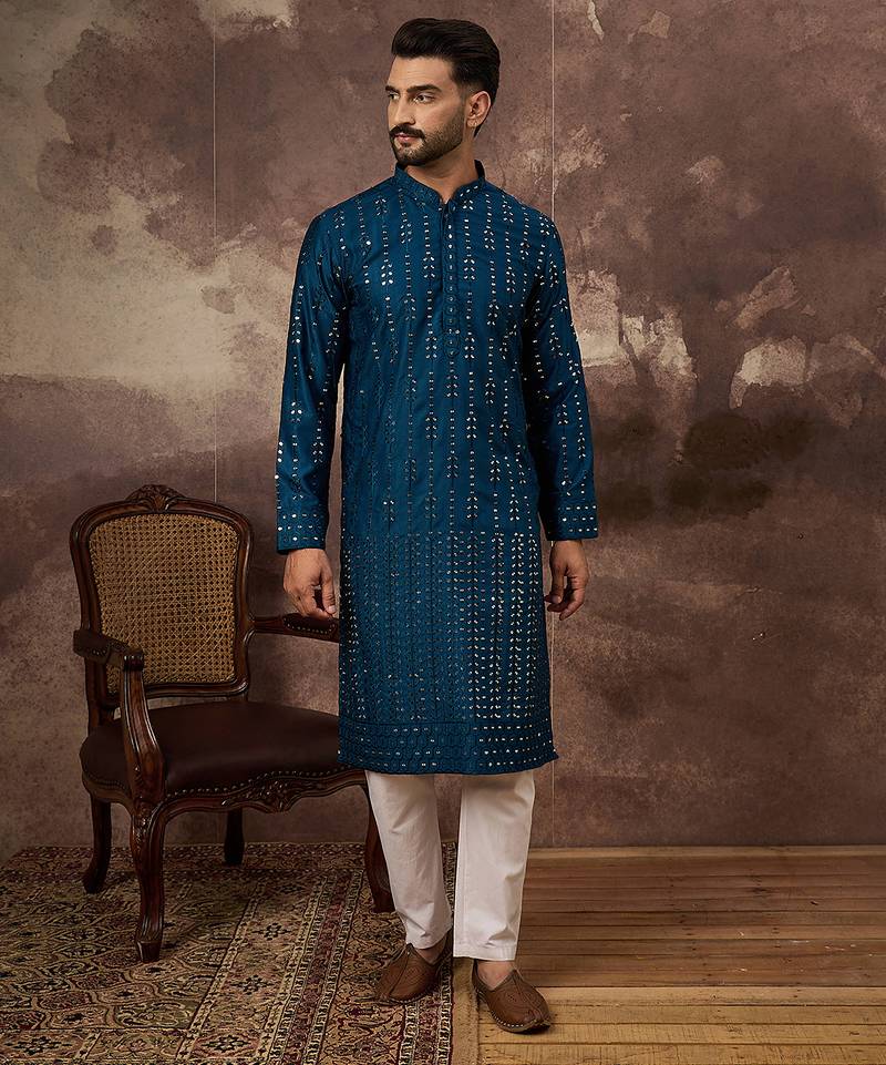 Men blue silk blend solid embroidered straight kurta