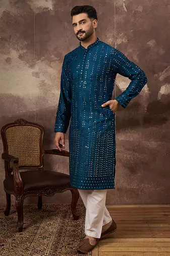 Men blue silk blend solid embroidered straight kurta