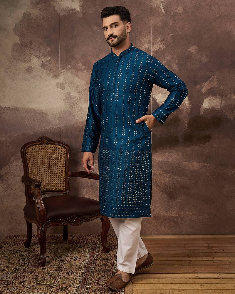 Men blue silk blend solid embroidered straight kurta