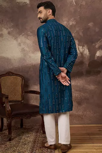 Men blue silk blend solid embroidered straight kurta