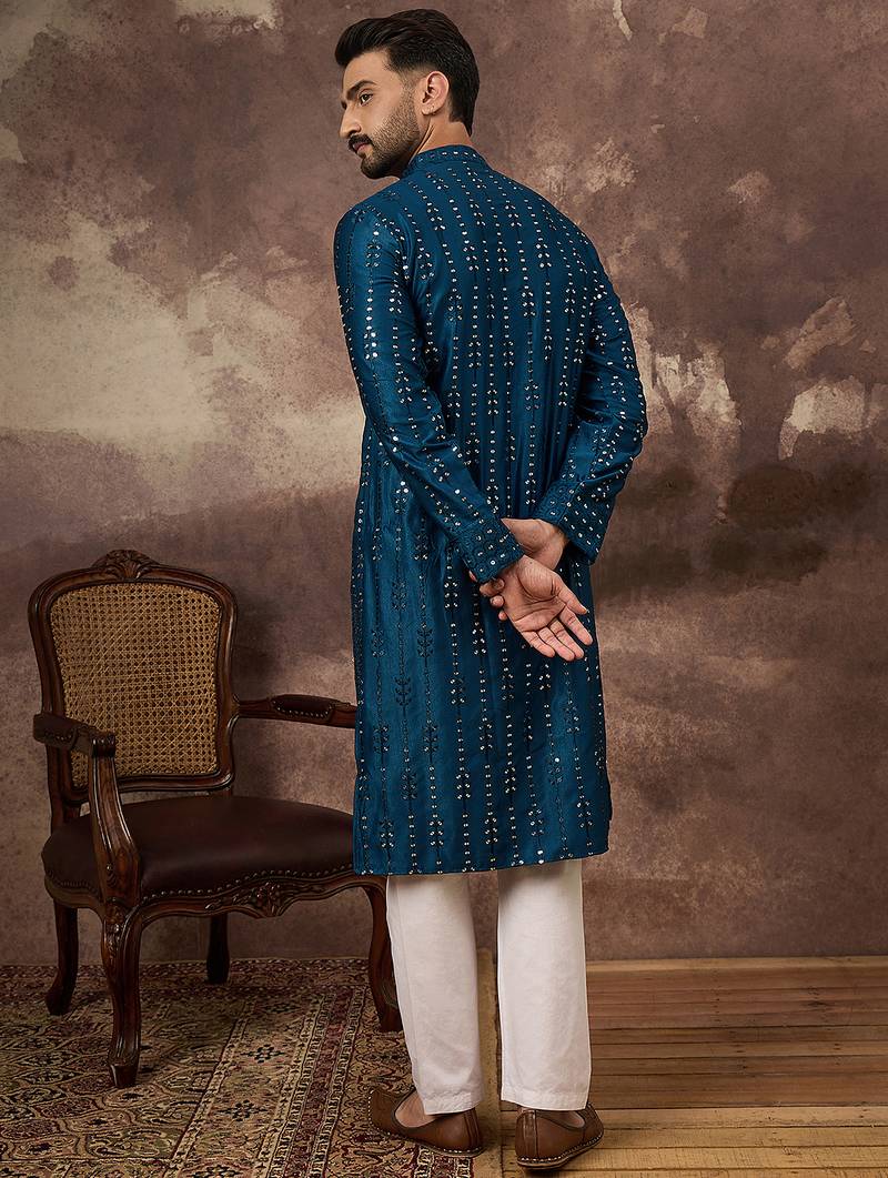 Men blue silk blend solid embroidered straight kurta