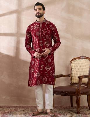 Men red silk blend printed mandarin collar straight kurta 3