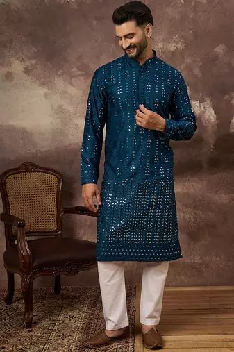 Men blue silk blend solid embroidered straight kurta