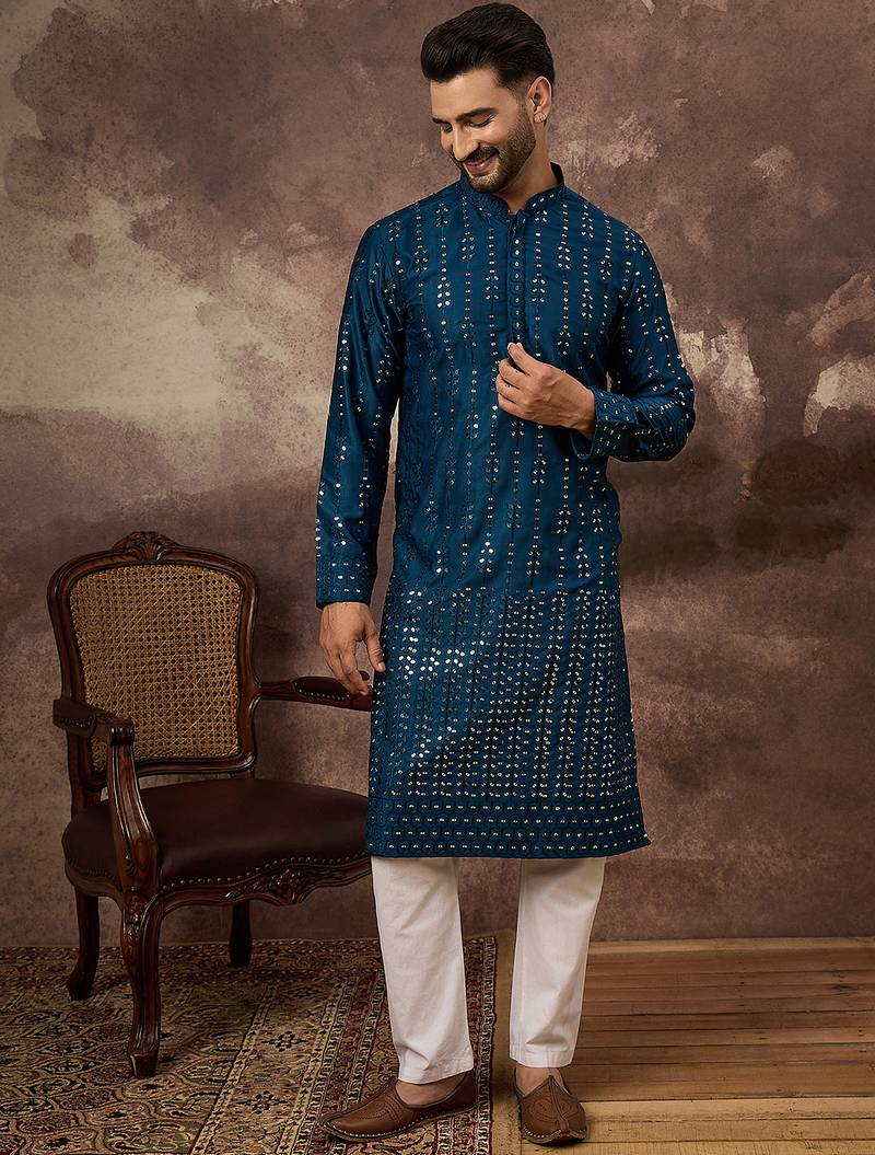 Men blue silk blend solid embroidered straight kurta