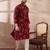 Men red silk blend printed mandarin collar straight kurta