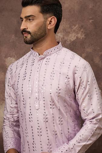 Men lavender silk blend solid embroidered straight kurta