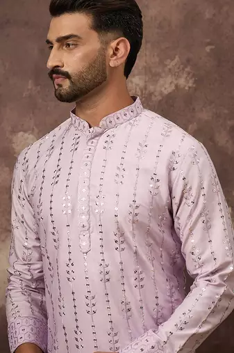 Men lavender silk blend solid embroidered straight kurta