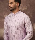 Men lavender silk blend solid embroidered straight kurta
