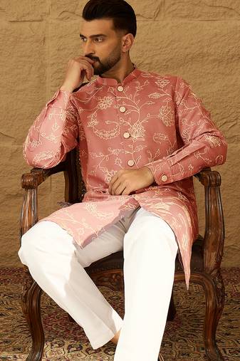 Men peach viscose rayon embroidered mandarin collar straight kurta