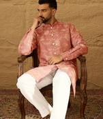 Men peach viscose rayon embroidered mandarin collar straight kurta