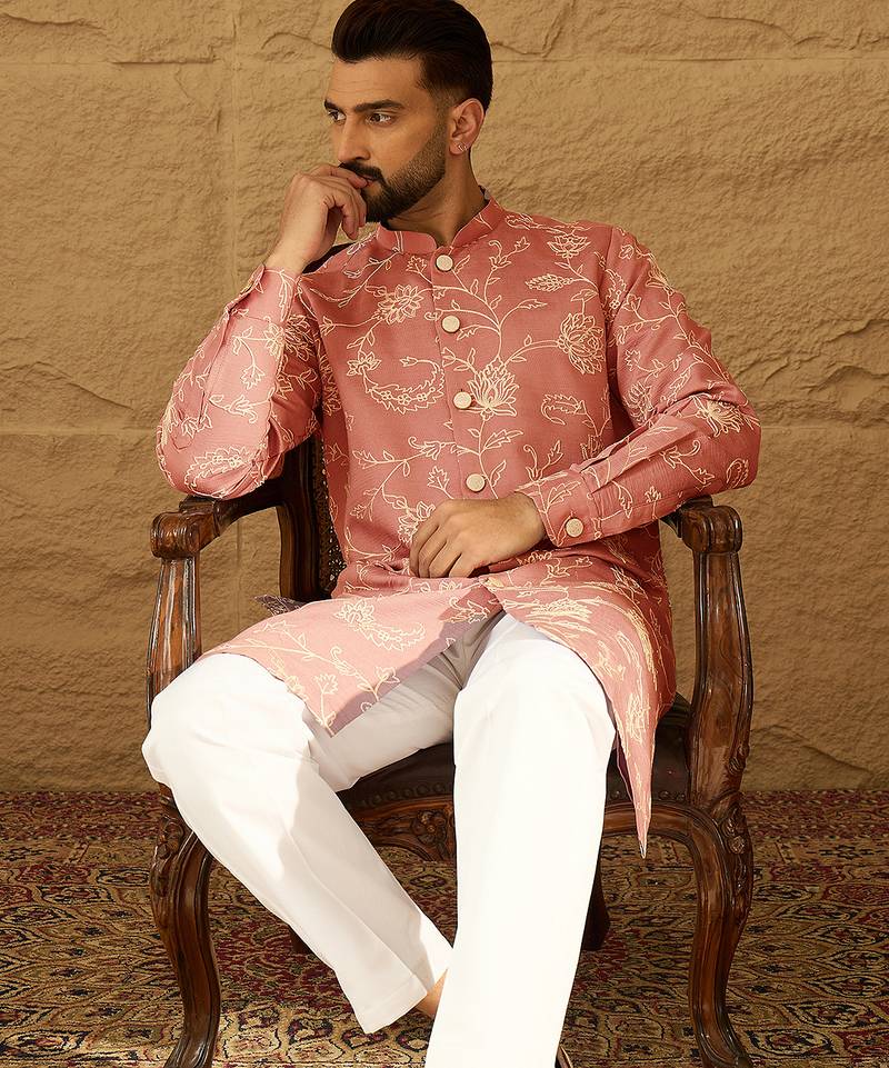 Men peach viscose rayon embroidered mandarin collar straight kurta