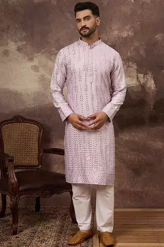 Men lavender silk blend solid embroidered straight kurta