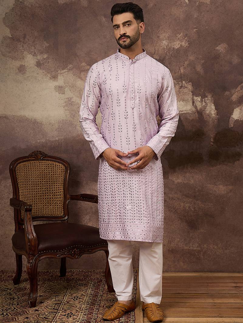 Men lavender silk blend solid embroidered straight kurta