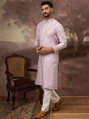 Men lavender silk blend solid embroidered straight kurta 3