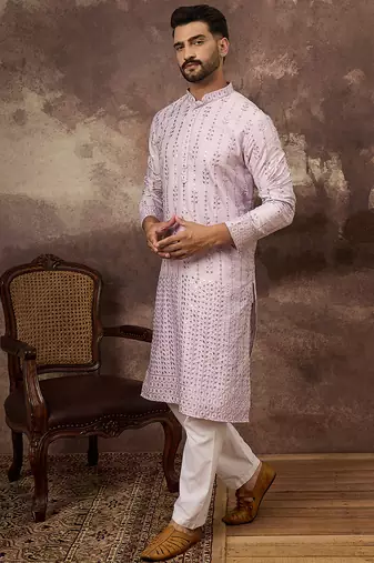 Men lavender silk blend solid embroidered straight kurta