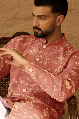 Men peach viscose rayon embroidered mandarin collar straight kurta