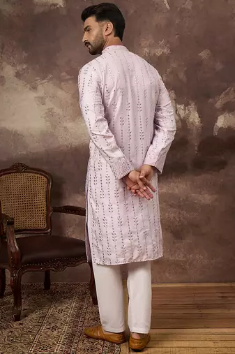 Men lavender silk blend solid embroidered straight kurta