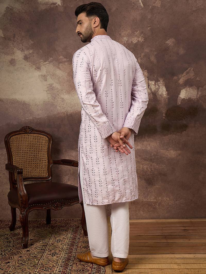 Men lavender silk blend solid embroidered straight kurta