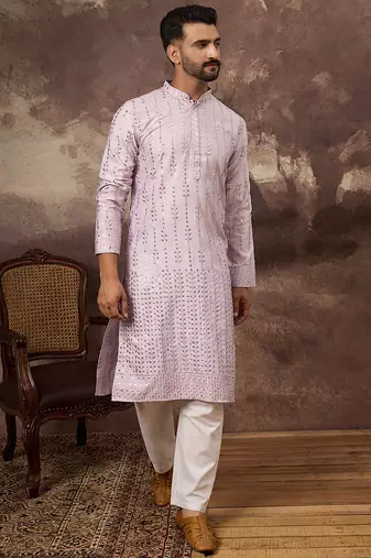 Men lavender silk blend solid embroidered straight kurta