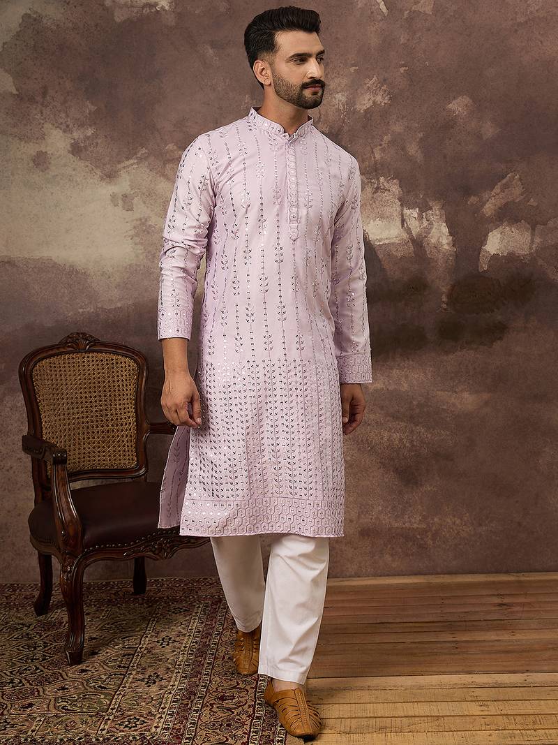 Men lavender silk blend solid embroidered straight kurta